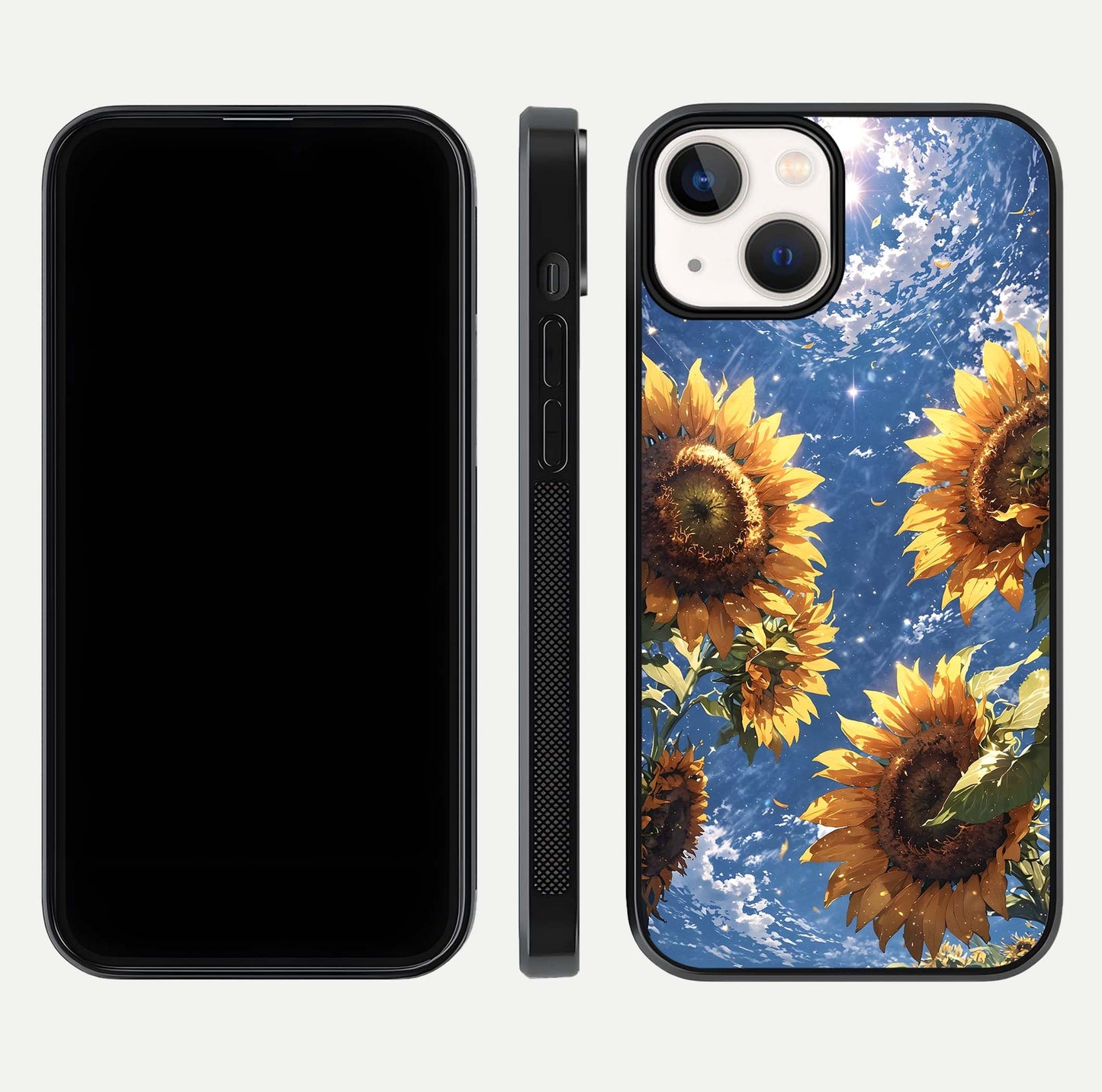 Heavenly Sunflower Rise Glass Case for iPhone 13 front and back view layout highlighting golden floral tones and curved edges