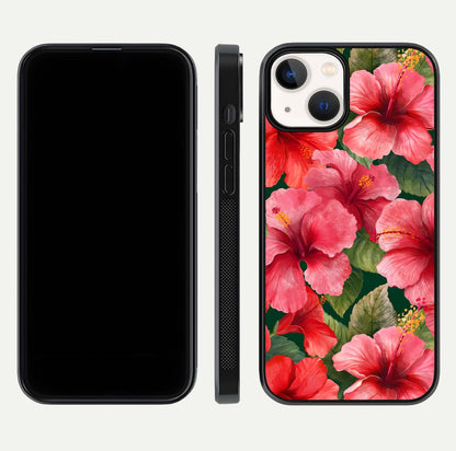 Hibiscus Pattern Glass Case for iPhone 13 front and back view layout highlighting tropical design and curved glass edges