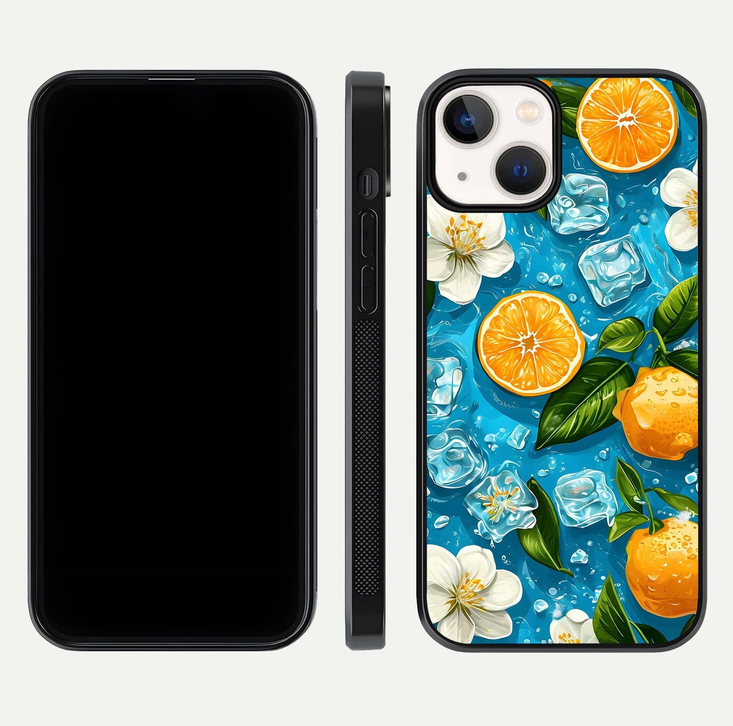 Ice Cube With Orange Glass Case for iPhone 13 front and back view layout highlighting fresh orange tones and curved edges