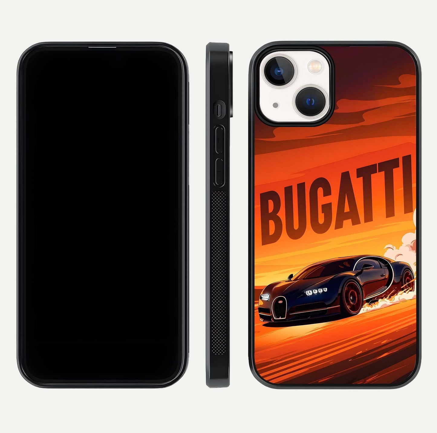 Inferno Bugatti Storm Glass Case for iPhone 13 front and back view layout highlighting car silhouette and curved glass edge