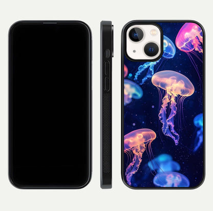 Jellyfish Pattern Glass Case for iPhone 13 front and back view layout highlighting aquatic tones and curved edges