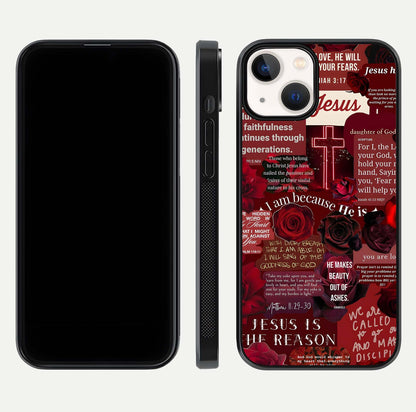 Jesus Love Heals Glass Case for iPhone 13 front and back view layout with elegant typography and smooth edges