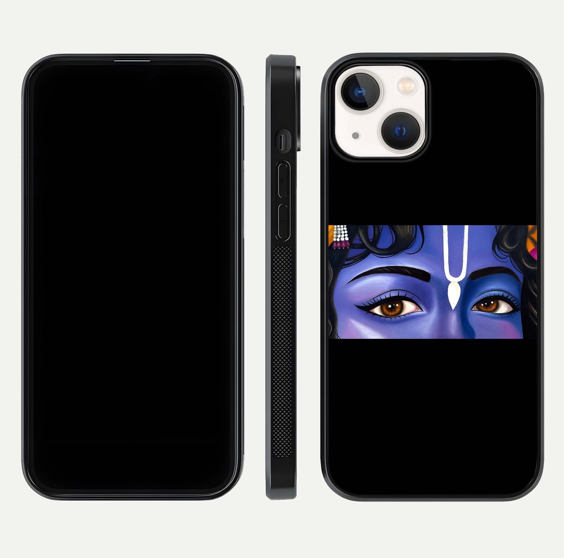 Krishna Eye Glass Case for iPhone 13 front and back view layout highlighting detailed spiritual motif