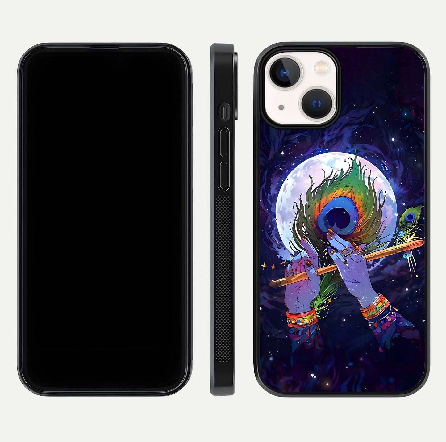 Krishna Hands Art Glass Case for iPhone 13 front and back view layout displaying soft edges and spiritual tones