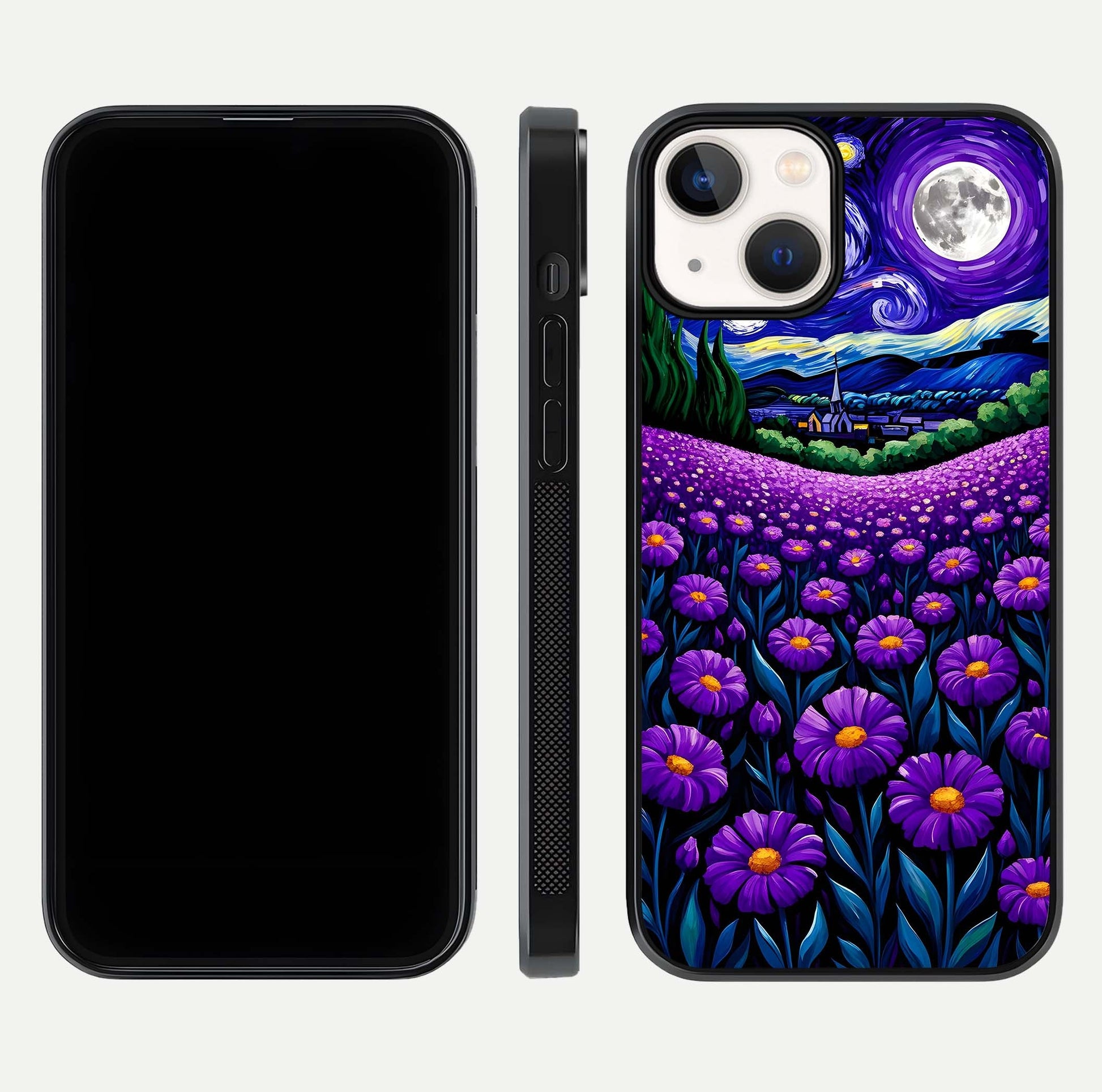 Lavender Moon Field Glass Case for iPhone 13 front and back view layout with soft gradient and curved edges