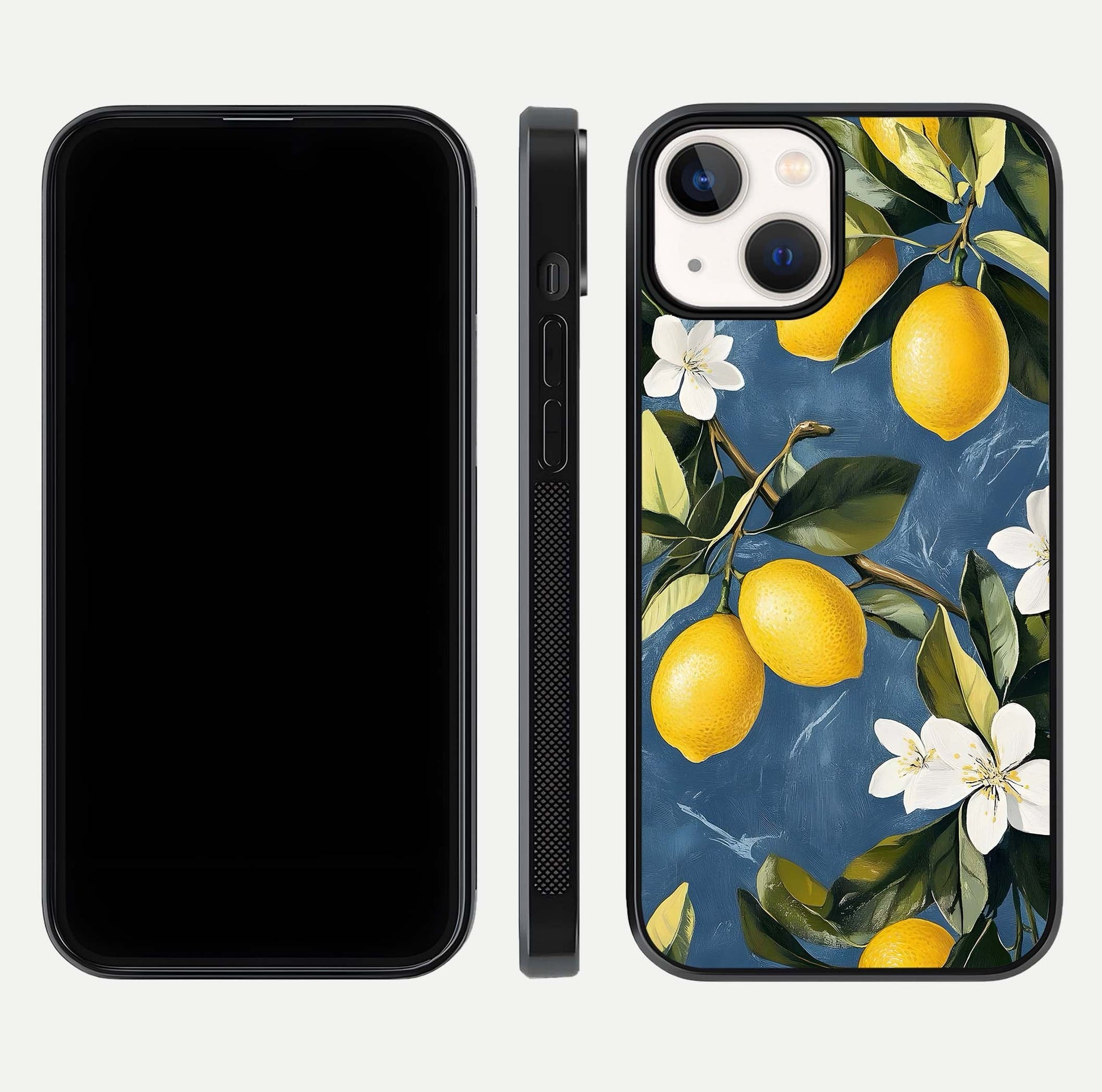 Lemon Dream Garden Glass Case for iPhone 13 front and back view layout highlighting garden tones and edges