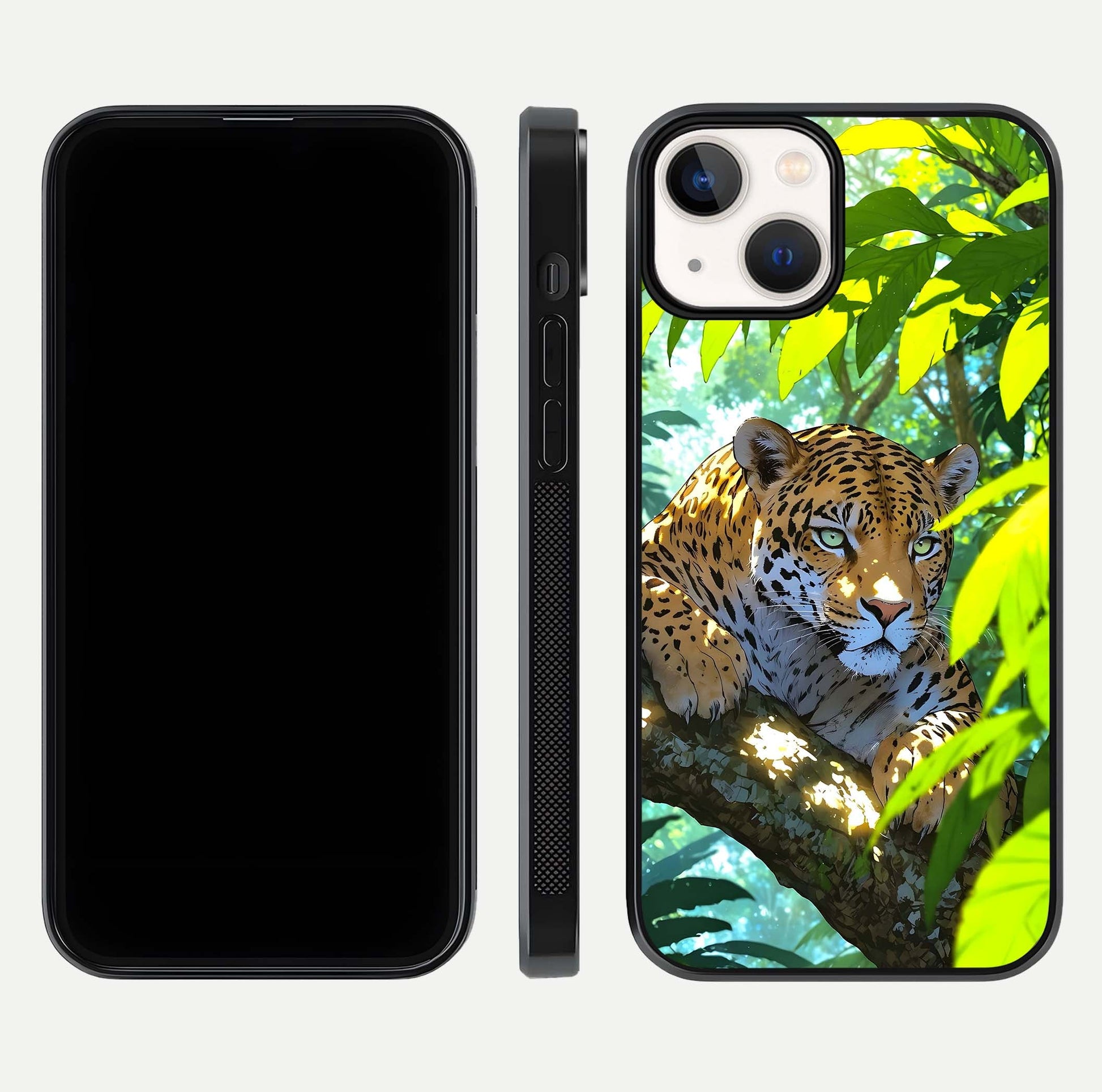 Leopard in Jungle Glass Case for iPhone 13 front & back layout with premium edge detailing and vivid jungle art