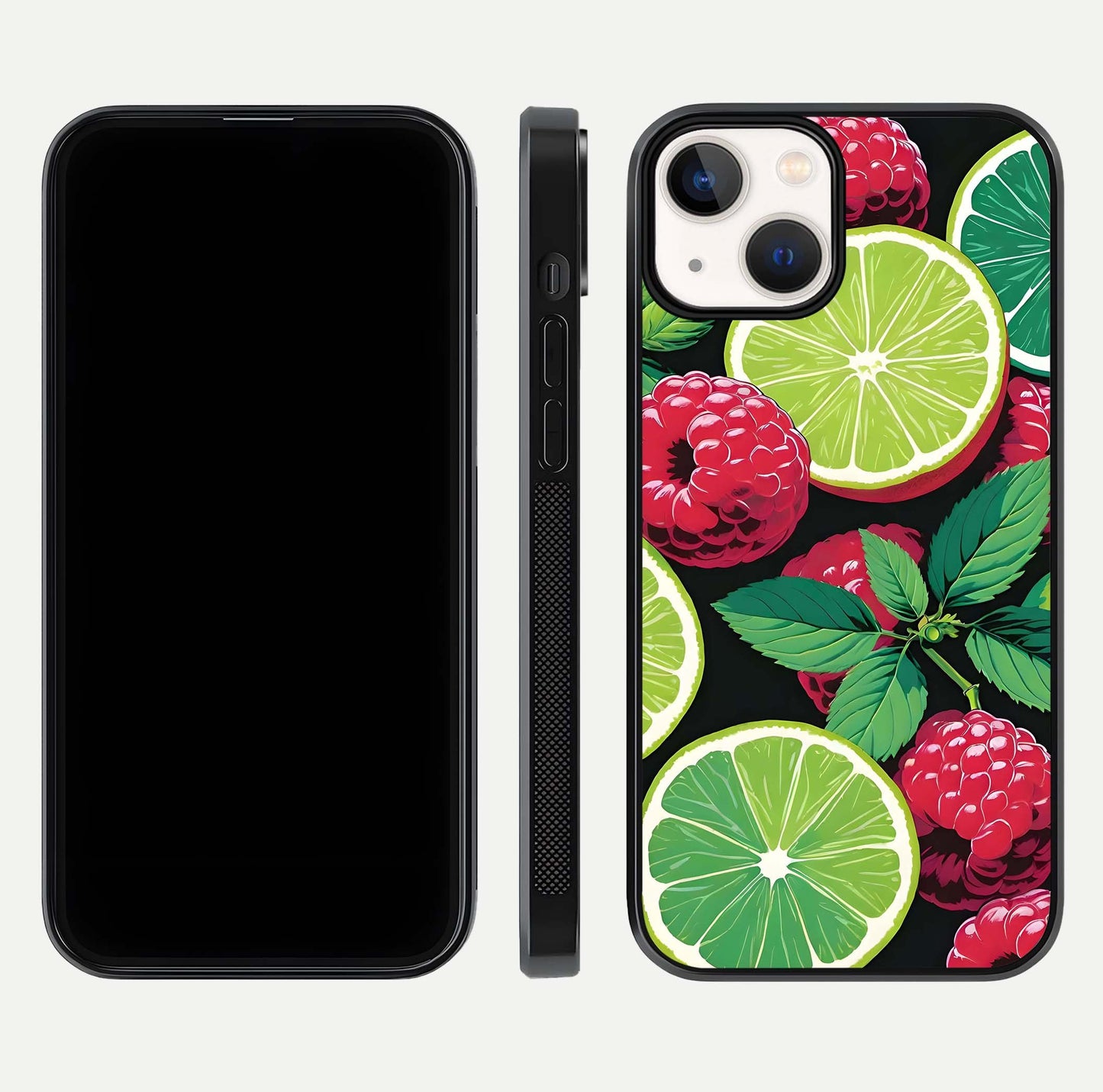 Lime and Raspberry Pattern Glass Case for iPhone 13 front & back layout highlighting fresh summer tones