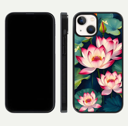 Lotus Dream Serenity Glass Case for iPhone 13 front & back layout with elegant finish and edge curve