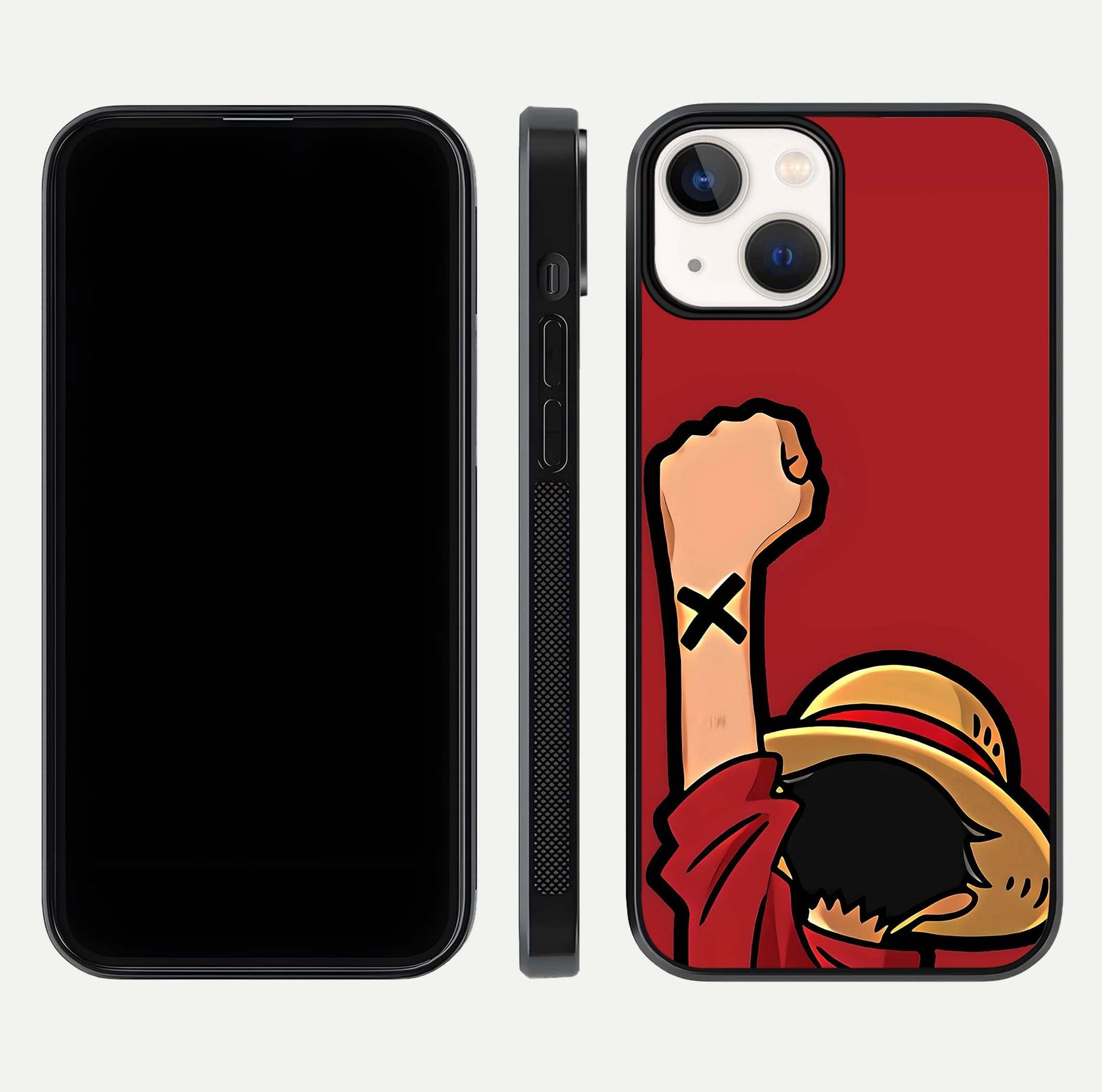 Luffy X Spirit Glass Case for iPhone 13 front & back layout displaying anime theme and curved edges