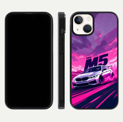 MS Neon Car Glass Case for iPhone 13 front & back layout highlighting automotive art and curved design