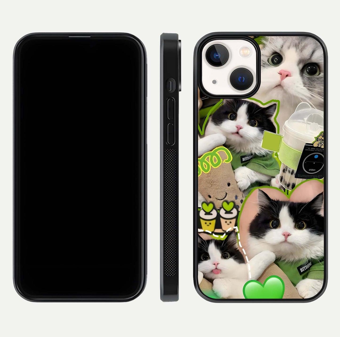 Matcha Cats Mood Glass Case for iPhone 13 front & back layout highlighting cute theme and smooth edges