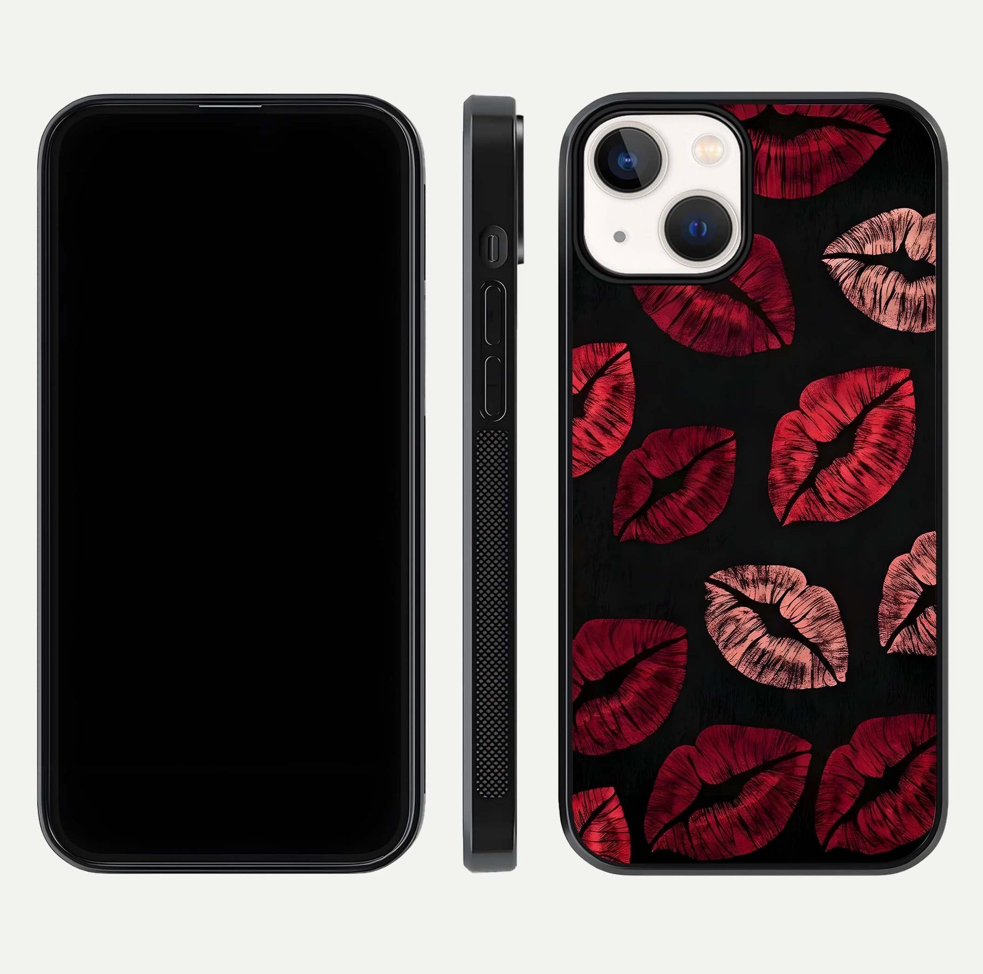 Midnight Kiss Love Glass Case for iPhone 13 front & back view layout showing romantic theme and smooth curves