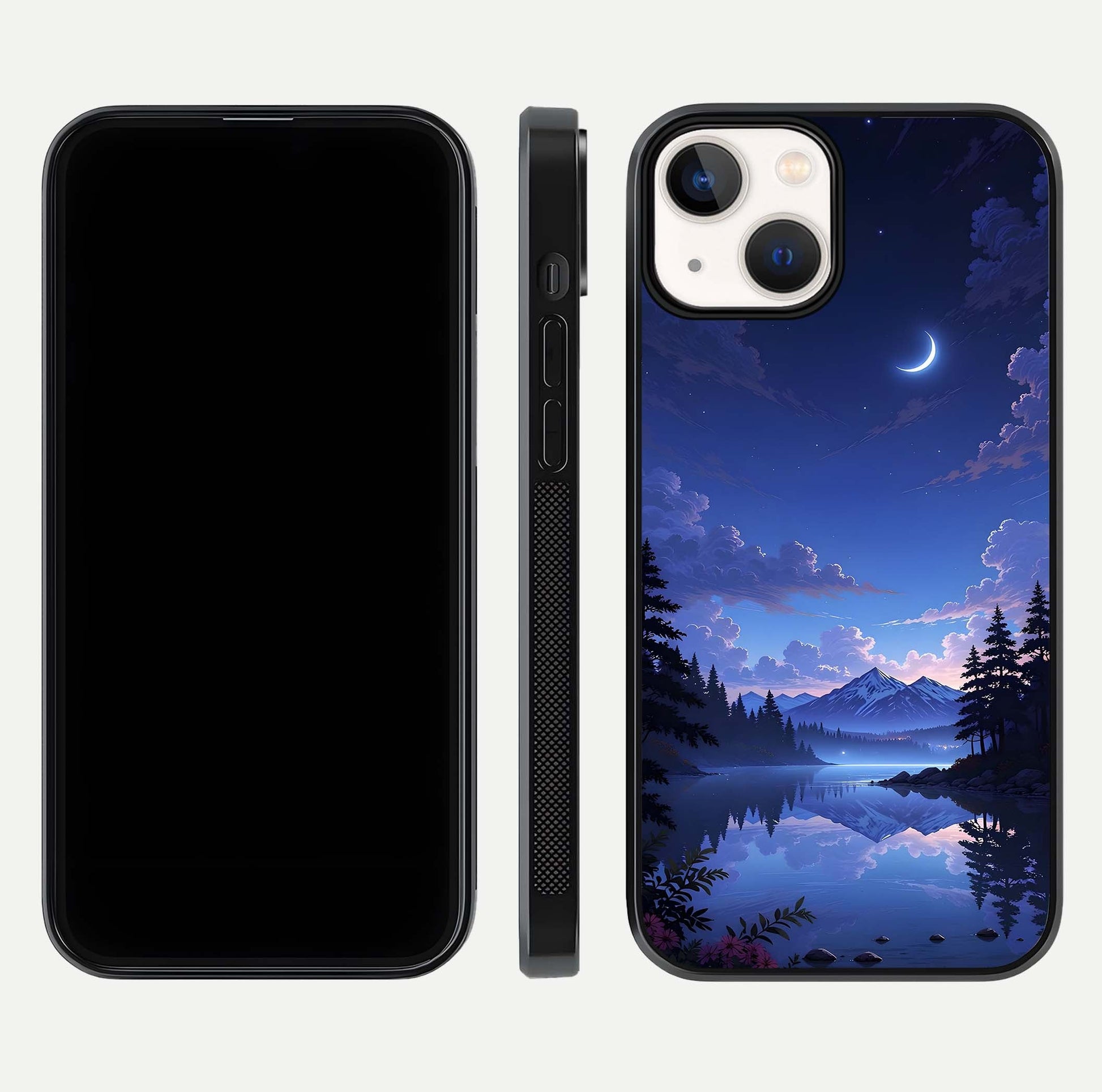 Midnight Lake Peace Glass Case for iPhone 13 front & back layout highlighting calm design and curved edges