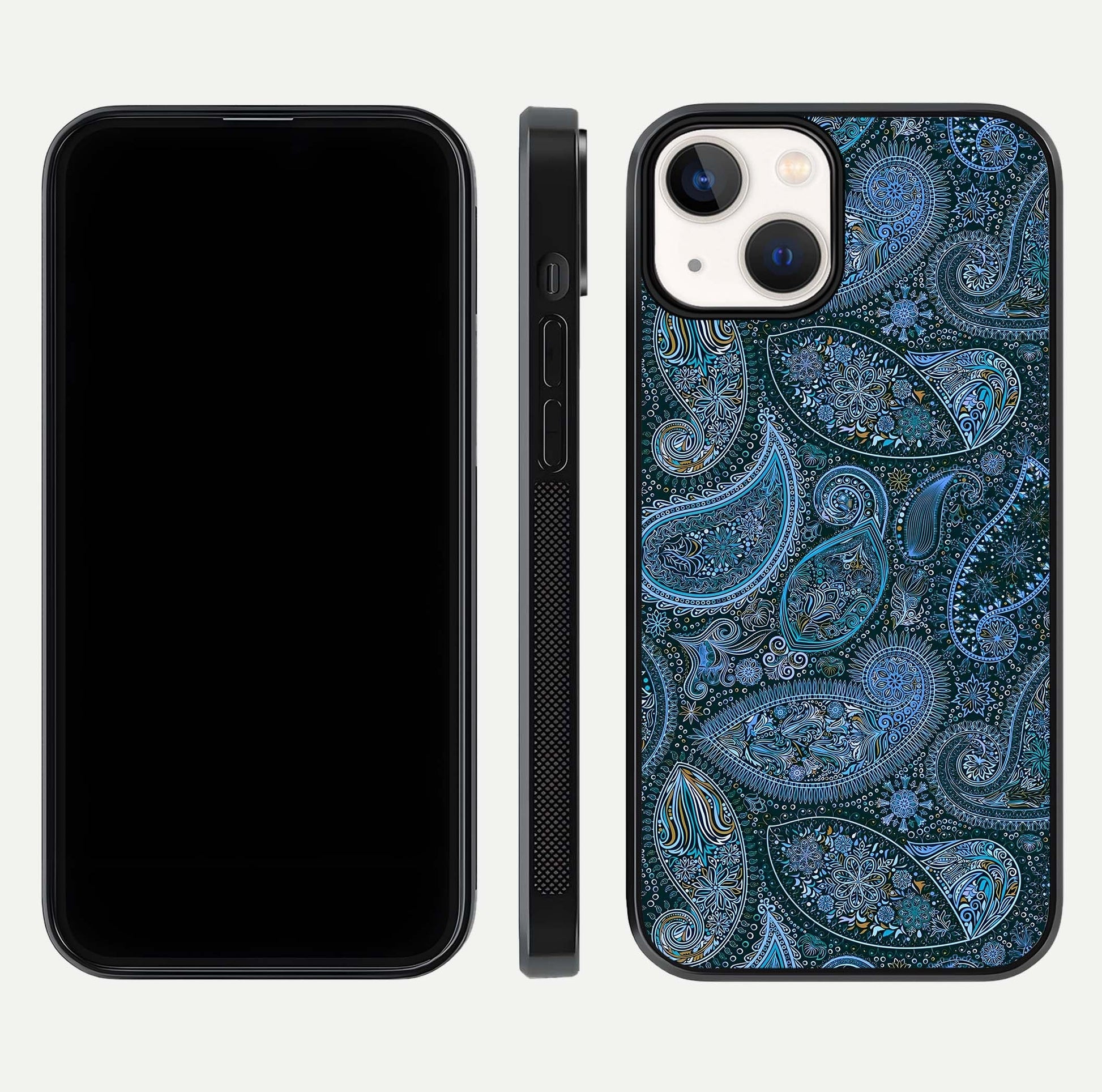 Midnight Paisley Glow Glass Case for iPhone 13 front & back layout highlighting elegant edge finish