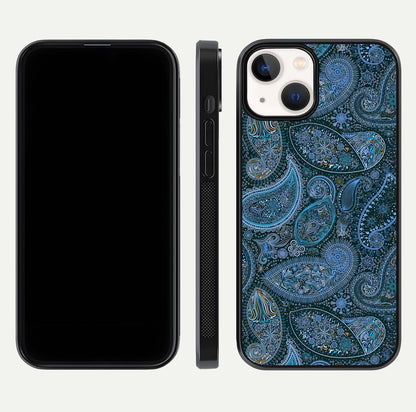 Midnight Paisley Glow Glass Case for iPhone 13 front & back layout highlighting elegant edge finish