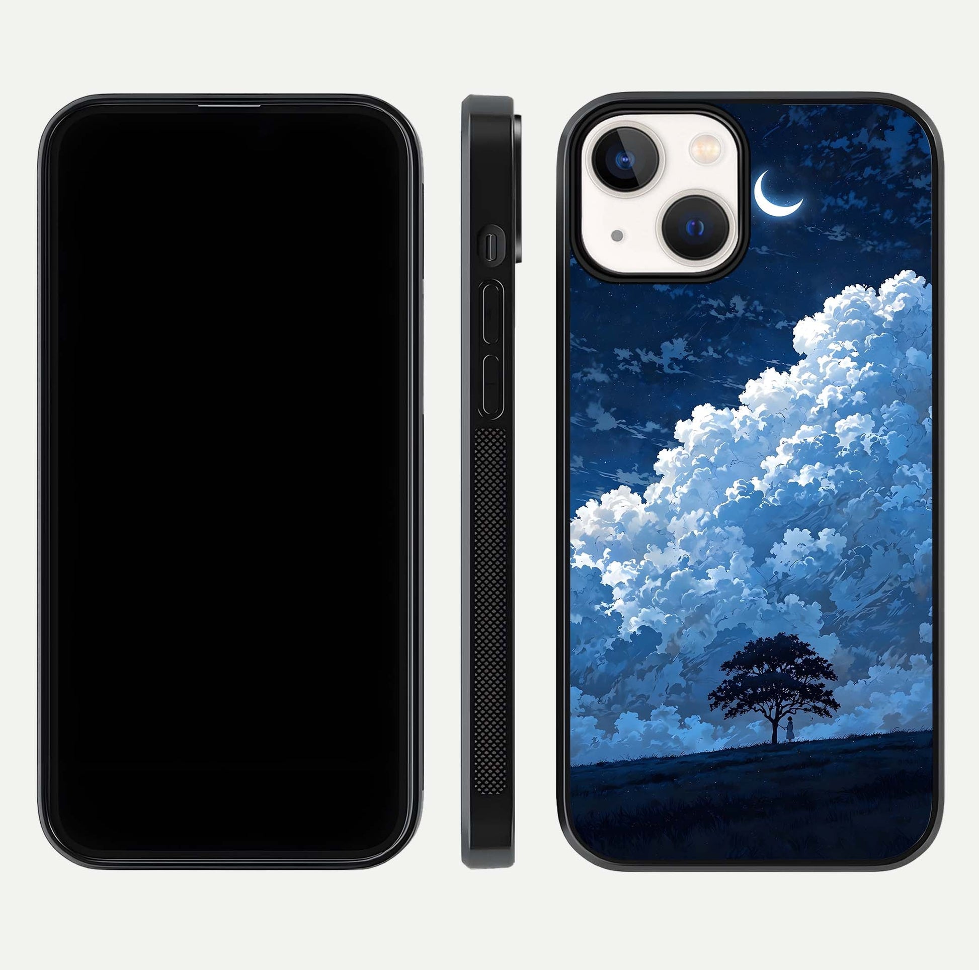 Midnight Sky Serenity Glass Case for iPhone 13 front & back layout highlighting celestial art and curves