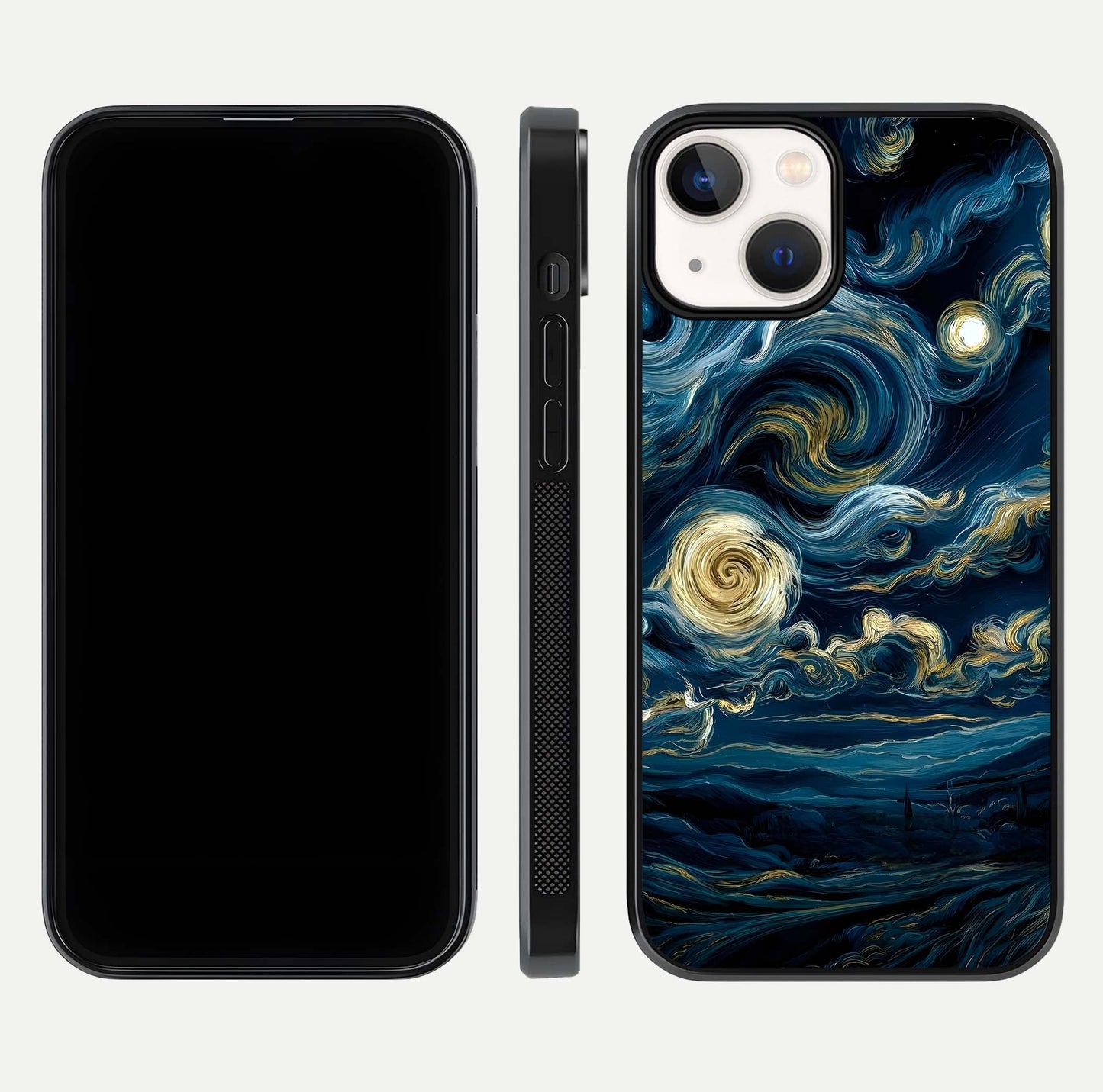 Midnight Sky Whirl Glass Case for iPhone 13 front & back layout highlighting celestial movement art