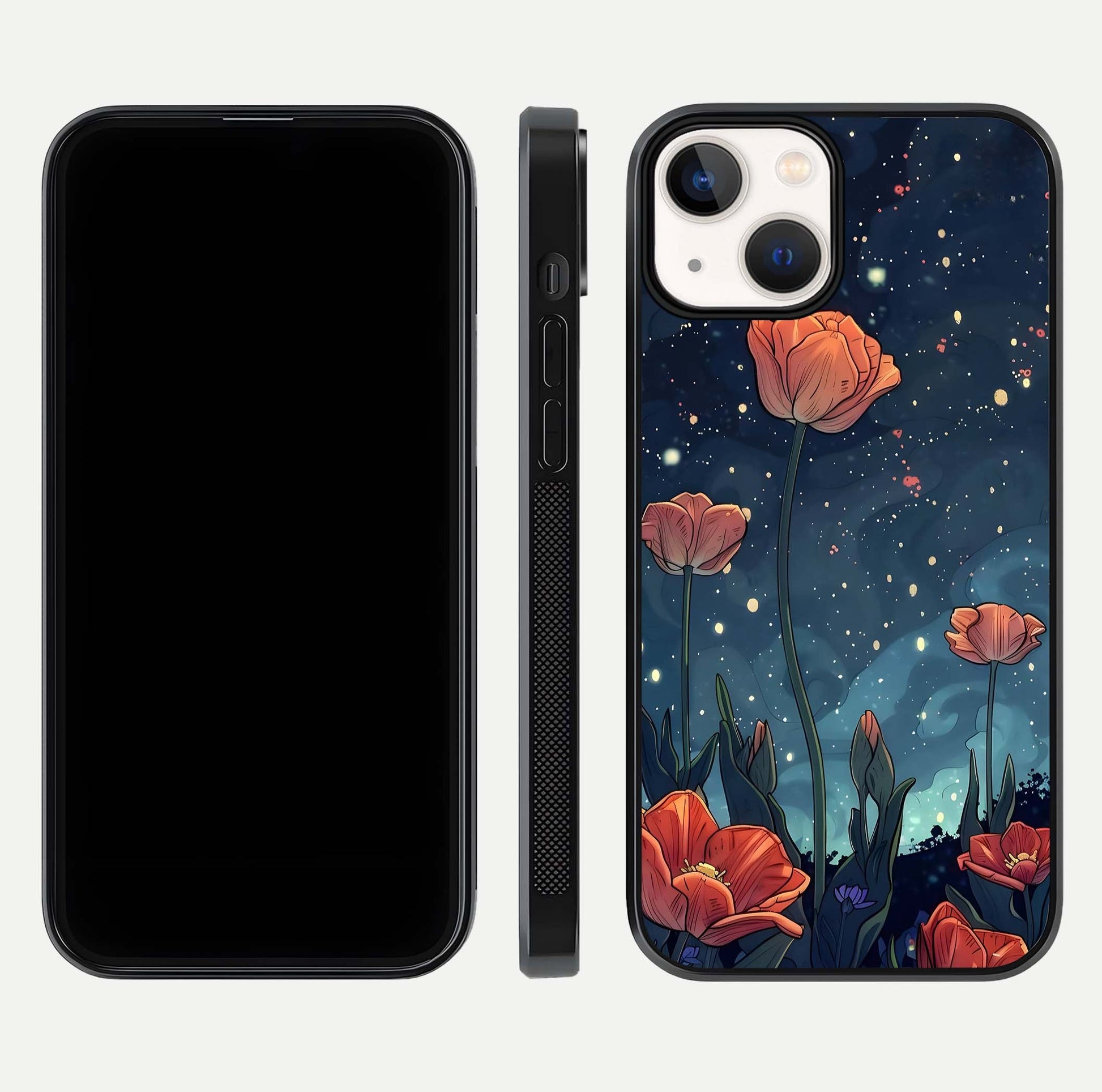 Midnight Tulip Glow Glass Case for iPhone 13 front & back layout highlighting floral glow and curved edges