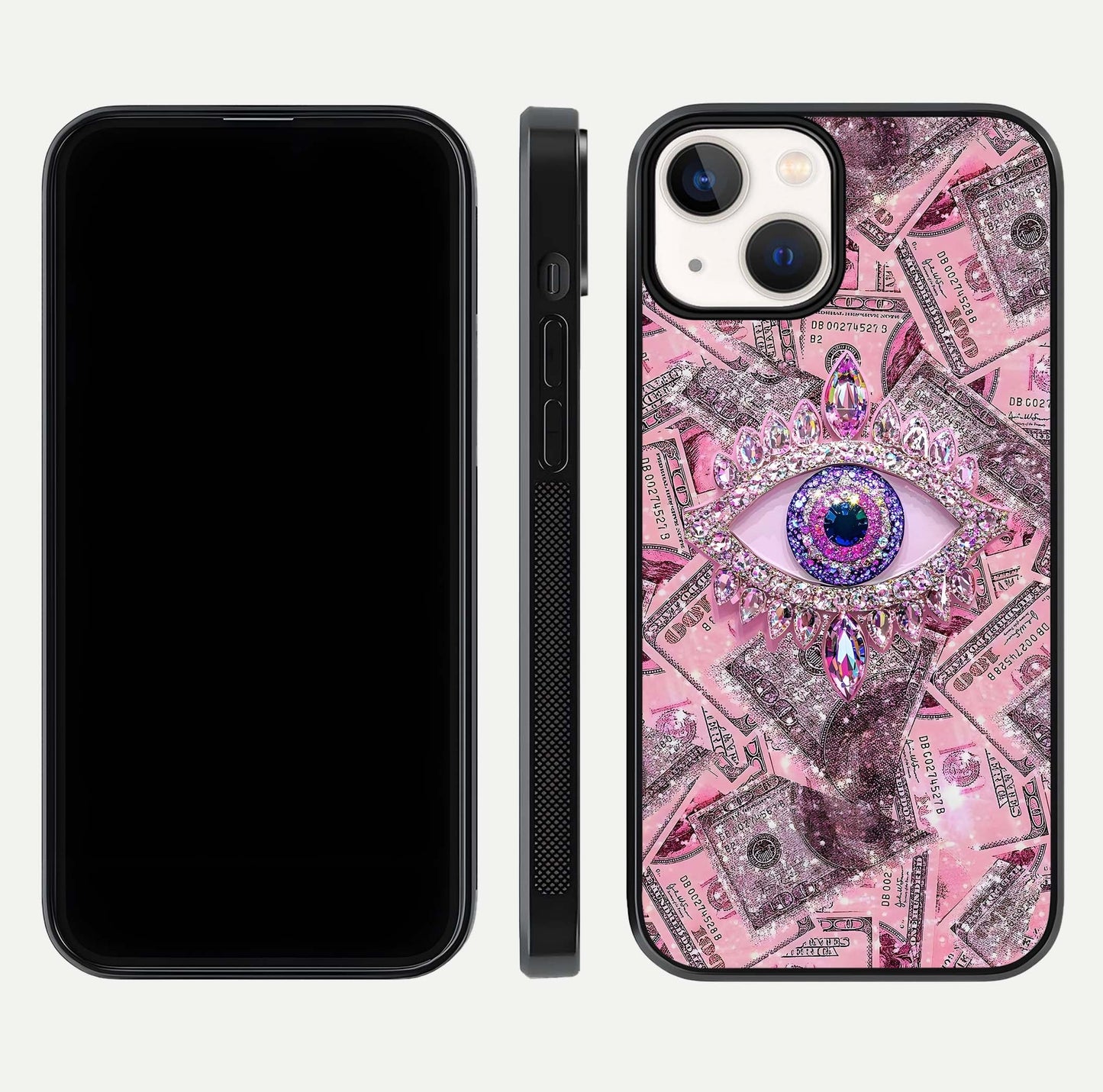 Money Eye Luxe Glass Case for iPhone 13 front & back layout highlighting luxury edge design and bold art