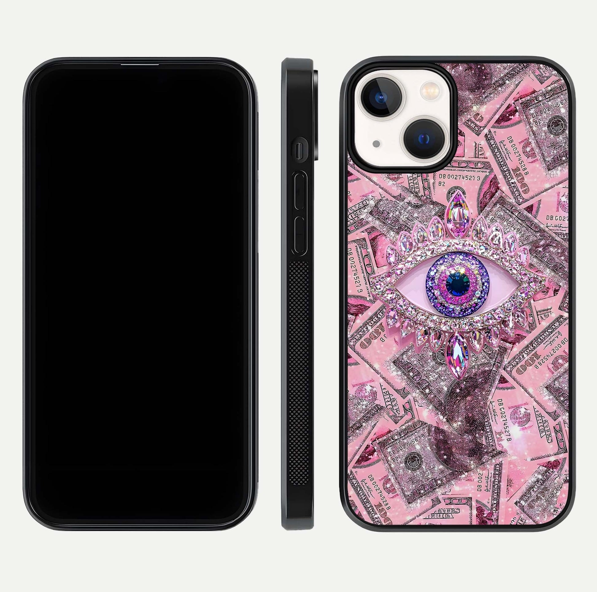 Money Eye Luxe Glass Case for iPhone 13 front & back layout highlighting luxury edge design and bold art