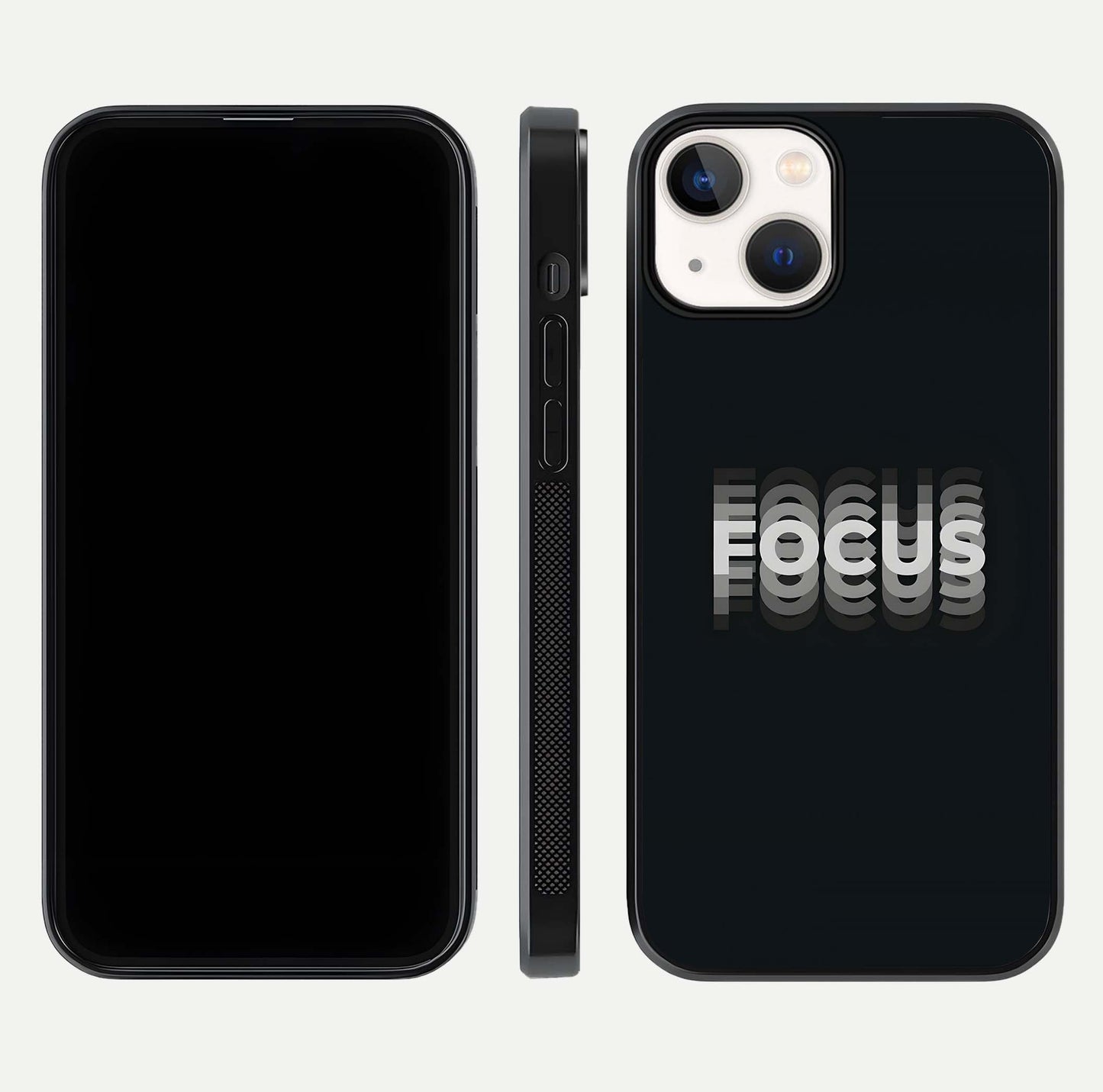 Mono Focus Vision Glass Case for iPhone 13 front & back layout showing clean focus lines and curved edges