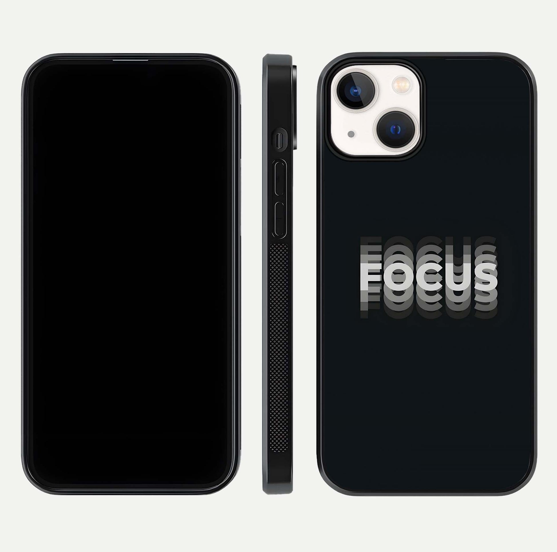 Mono Focus Vision Glass Case for iPhone 13 front & back layout showing clean focus lines and curved edges