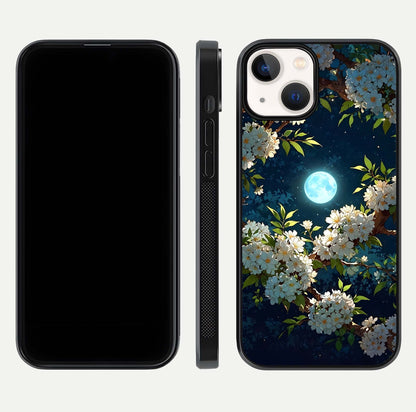 Moonlit Blossom Dream Glass Case for iPhone 13 front & back layout highlighting moonlit tones and edges