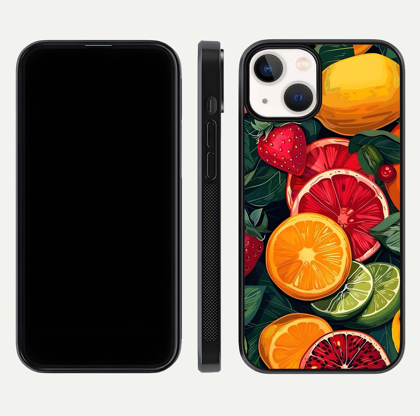 Multiple Fruits Glass Case for iPhone 13 front & back layout highlighting vibrant tones and curved edges