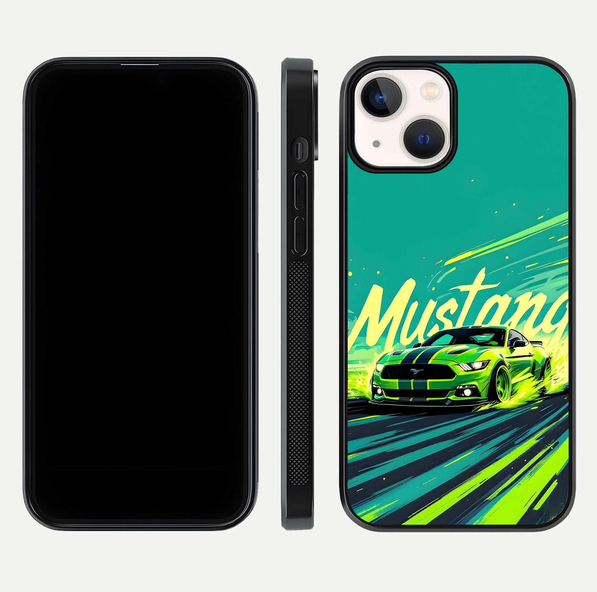 Mustang Bang Glass Case for iPhone 13 front & back layout highlighting dark automotive tones and edge detail