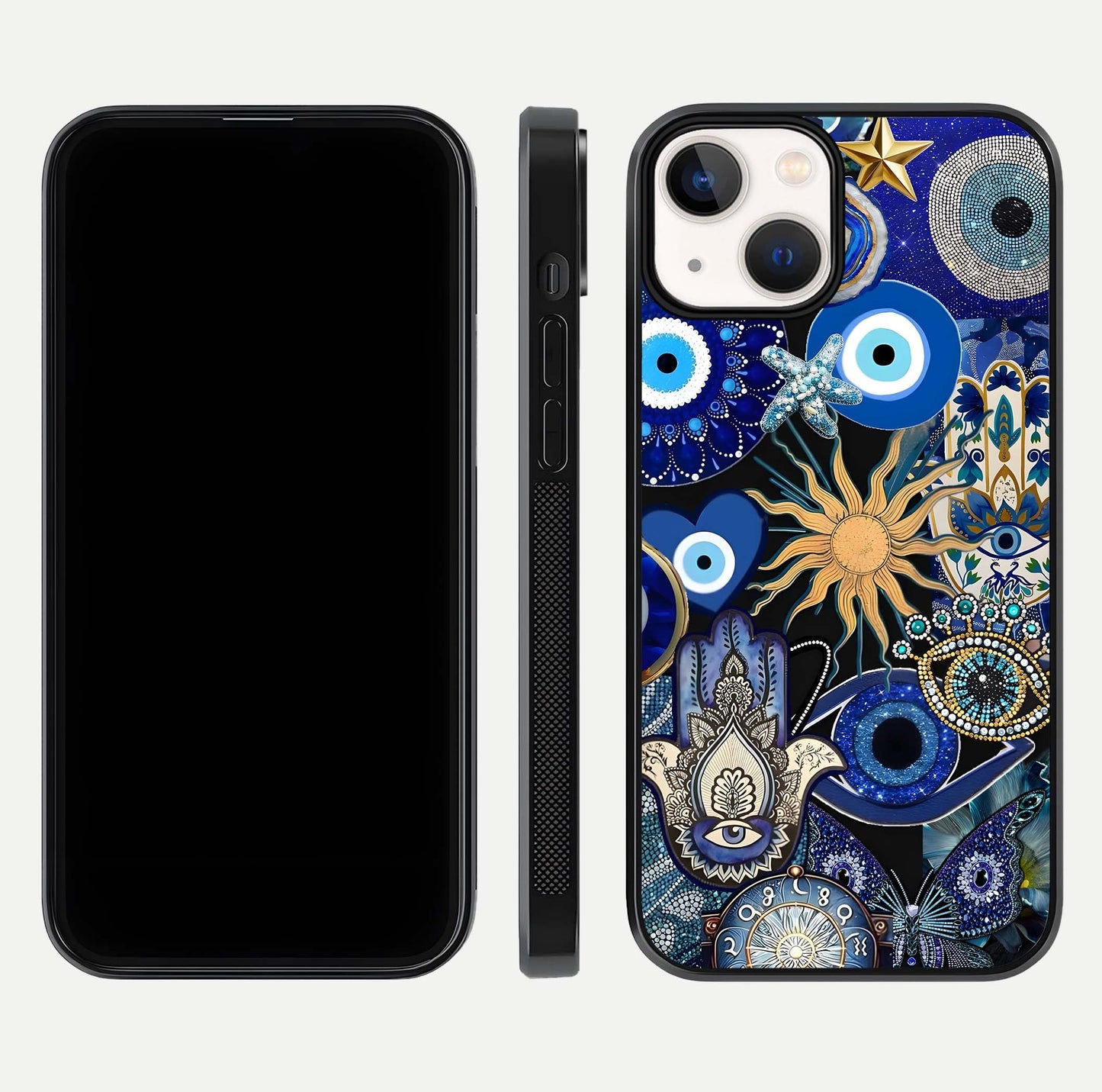 Mystic Blue Evil Eye Glass Case for iPhone 13 front & back layout showing elegant tones and edge finish
