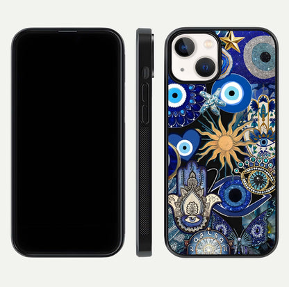 Mystic Blue Evil Eye Glass Case for iPhone 13 front & back layout showing elegant tones and edge finish