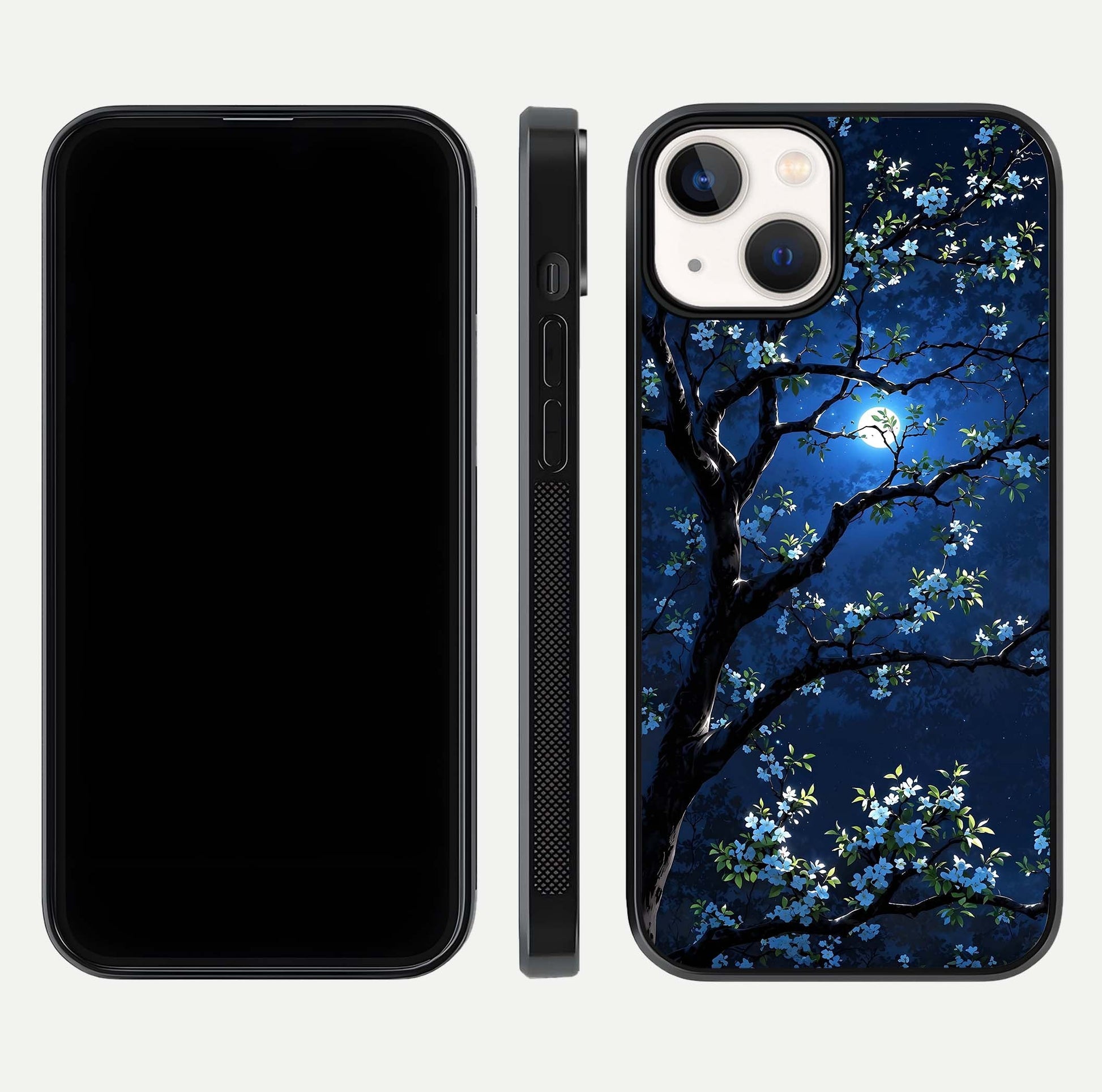 Mystic Floral Night Glass Case for iPhone 13 front & back layout showing elegant floral art and smooth edges