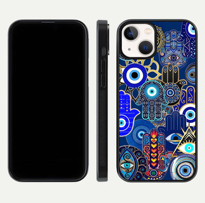 Mystic Palm Guard Glass Case for iPhone 13 front & back layout highlighting spiritual art and edge finish