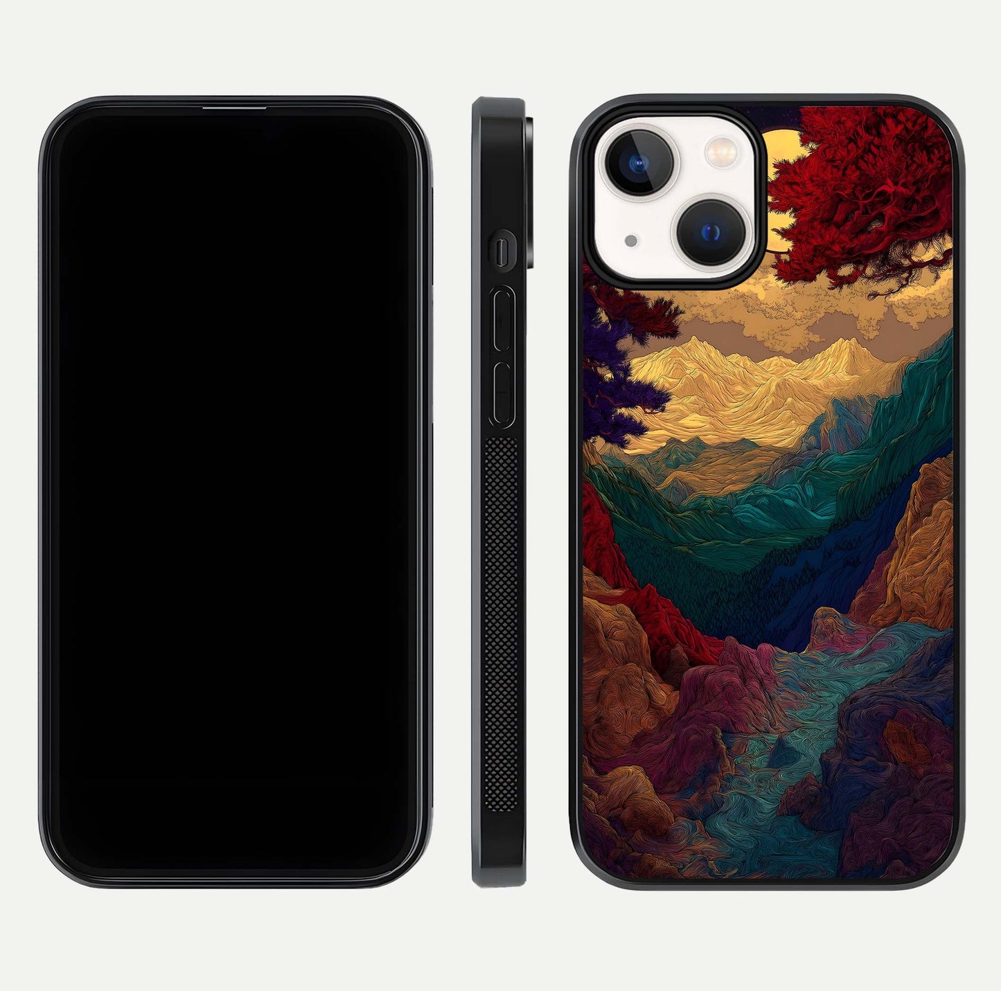 Mystic Valley Light Glass Case for iPhone 13 front & back layout displaying landscape tones and edges