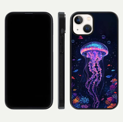 Neon Jellyfish Glass Case for iPhone 13 front & back layout highlighting HD marine art and curved edges