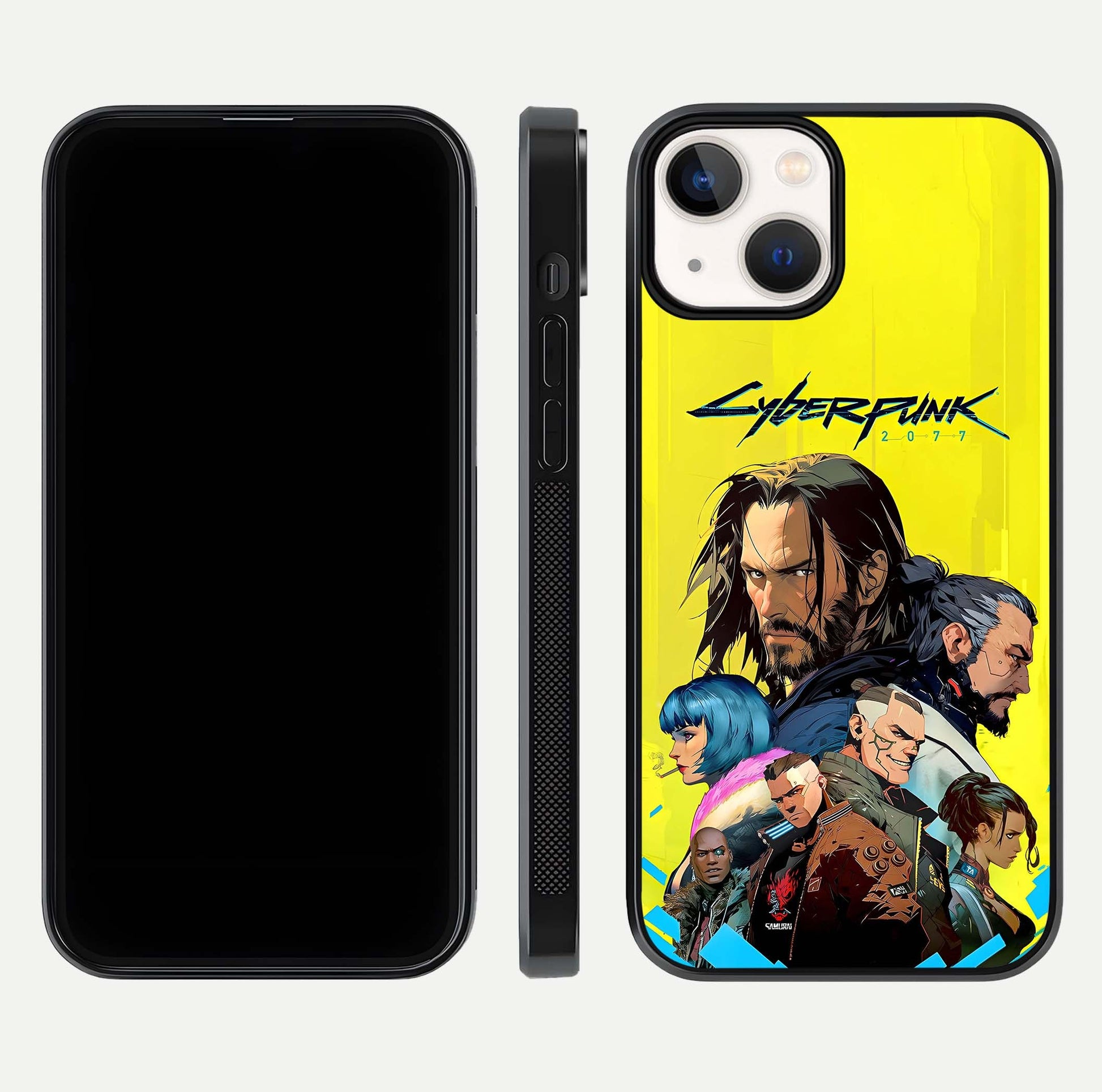 Neon Rebel Genesis Glass Case for iPhone 13 front & back layout highlighting futuristic theme and curves