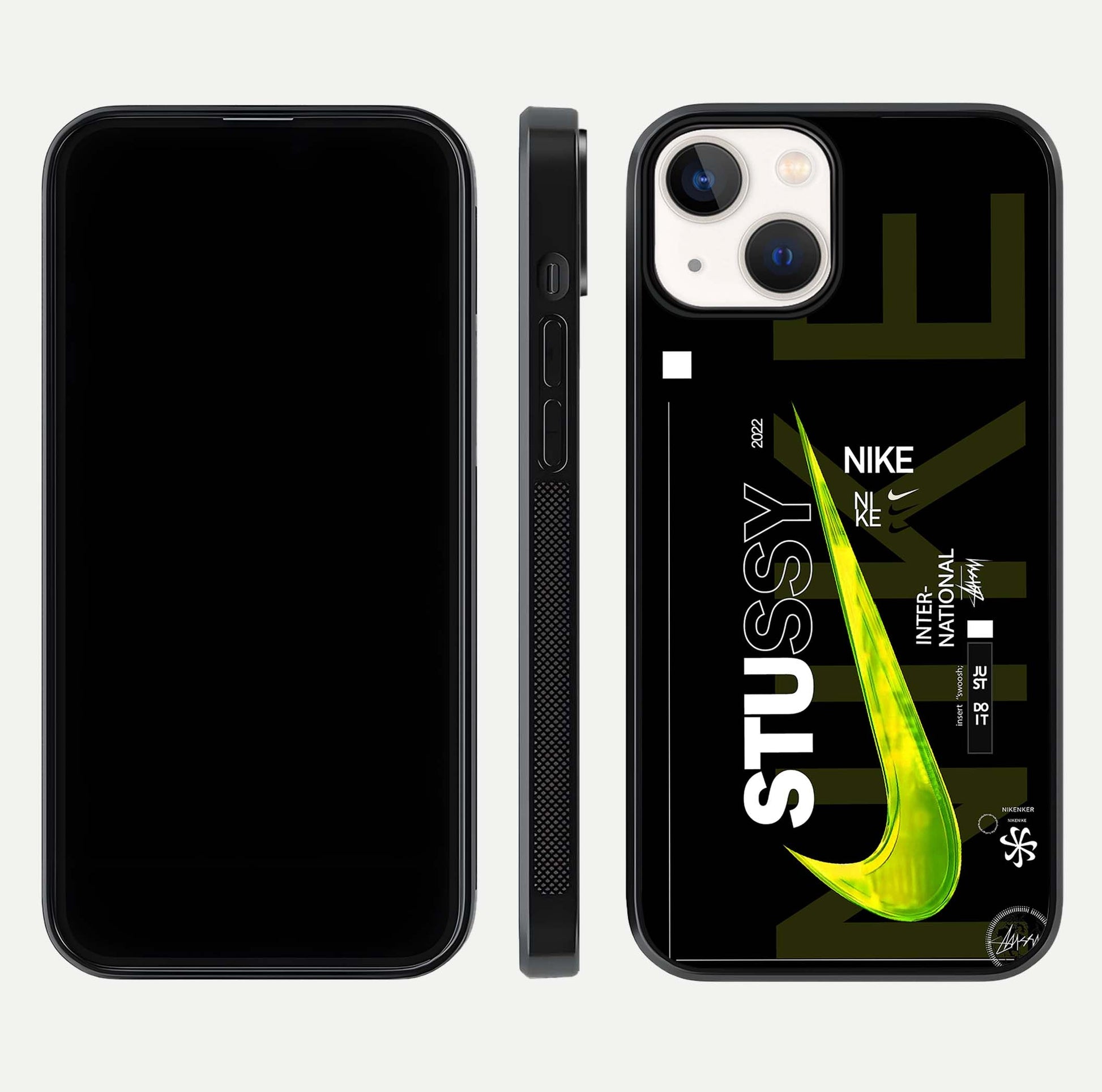 Neon Street Edition Glass Case for iPhone 13 front & back layout highlighting street art vibe and edges