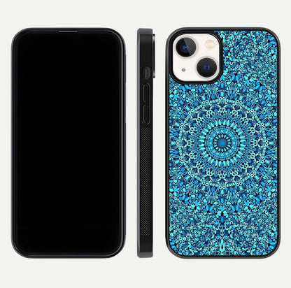 Ocean Bloom Mandala Glass Case for iPhone 13 front & back layout showing ocean tone design and edges