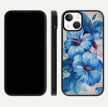 Ocean Hibiscus Grace Glass Case for iPhone 13 front & back layout showing vibrant oceanic tones and curves