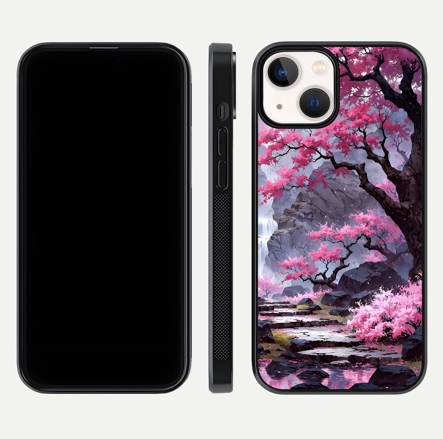 Pinkish Scenery Glass Case for iPhone 13 front & back layout showing landscape art and curved edge finish
