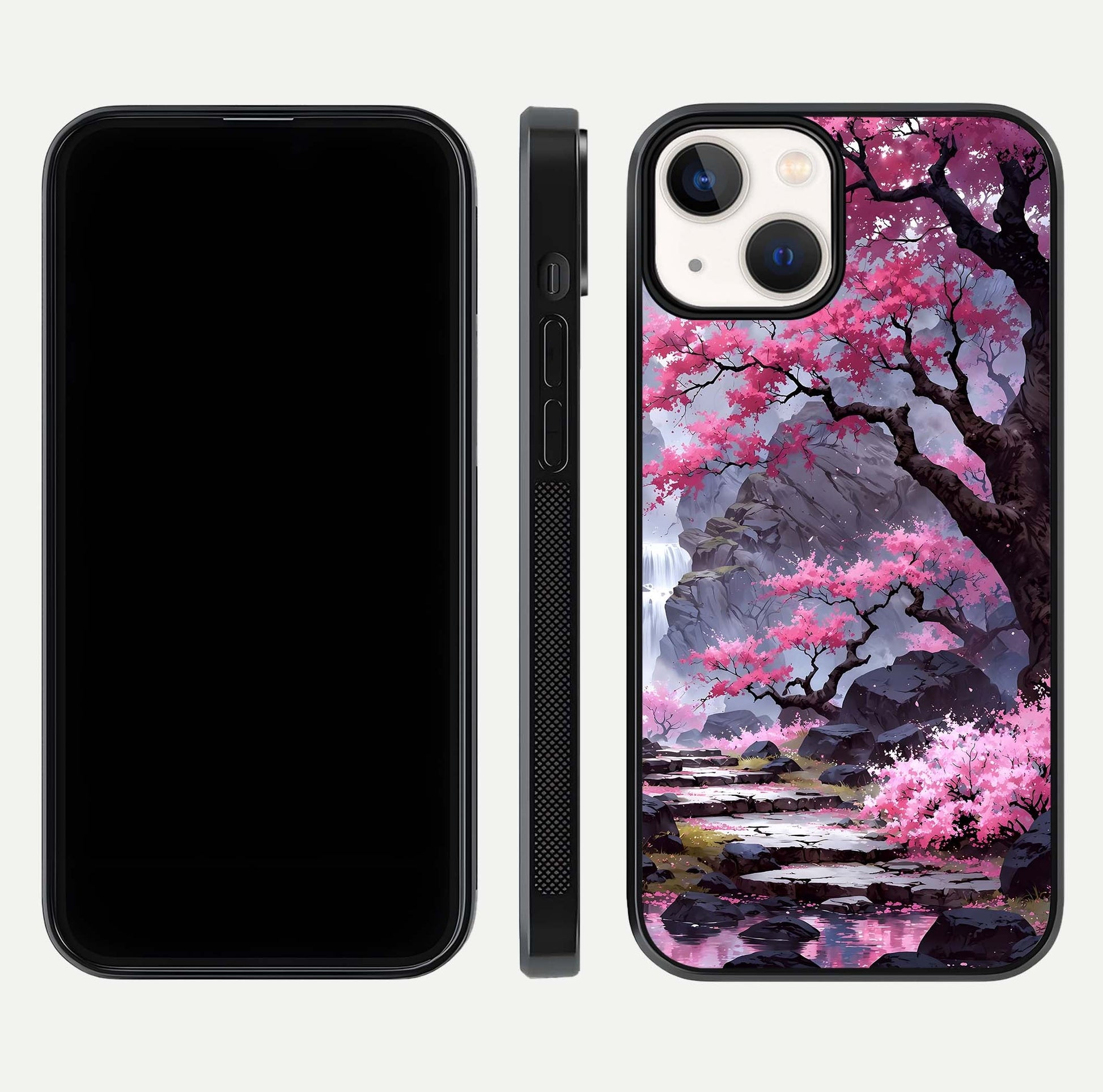 Pinkish Scenery Glass Case for iPhone 13 front & back layout showing landscape art and curved edge finish
