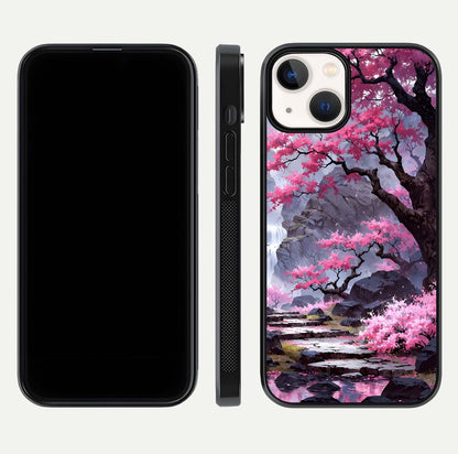 Pinkish Scenery Glass Case for iPhone 13 front & back layout showing landscape art and curved edge finish