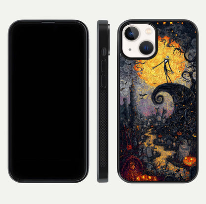 Pumpkin Moon Night Glass Case for iPhone 13 front & back layout highlighting festive tones and smooth edges