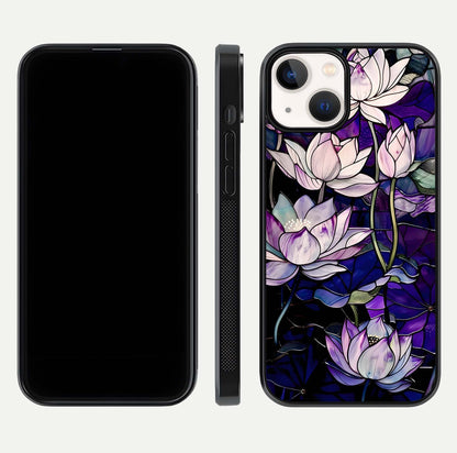 Purple Lotus Pattern Glass Case for iPhone 13 front & back layout highlighting floral tones and soft edges