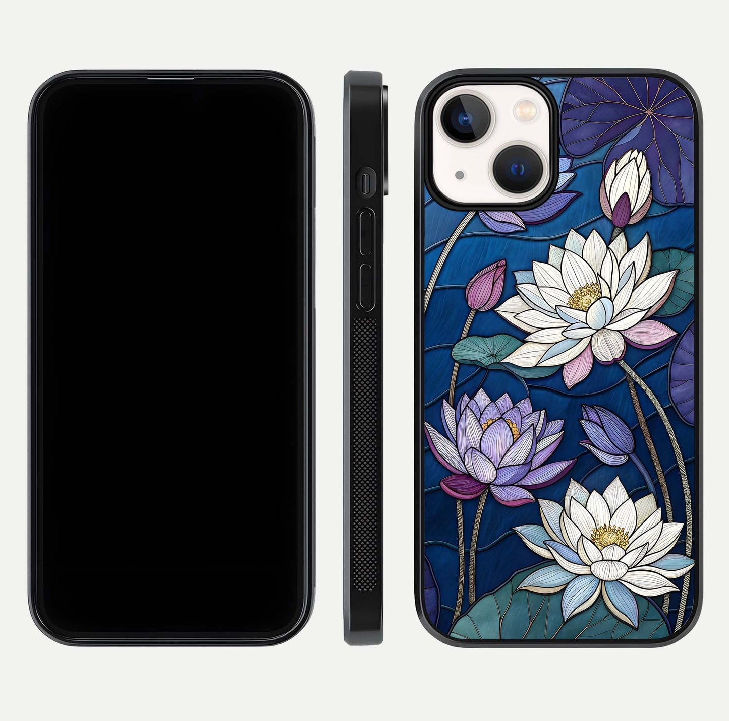 Purple Lotus Stained Glass Case for iPhone 13 front & back layout showing bright tones and smooth edge finish