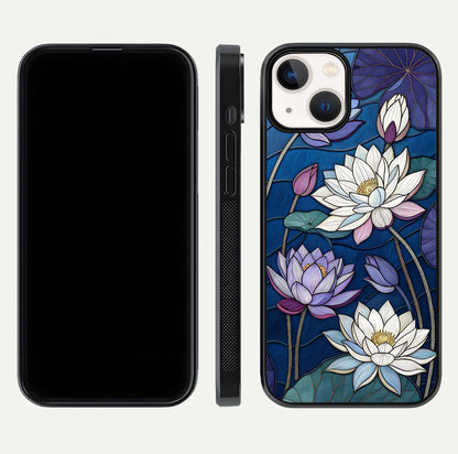 Purple Lotus Stained Glass Case for iPhone 13 front & back layout showing bright tones and smooth edge finish