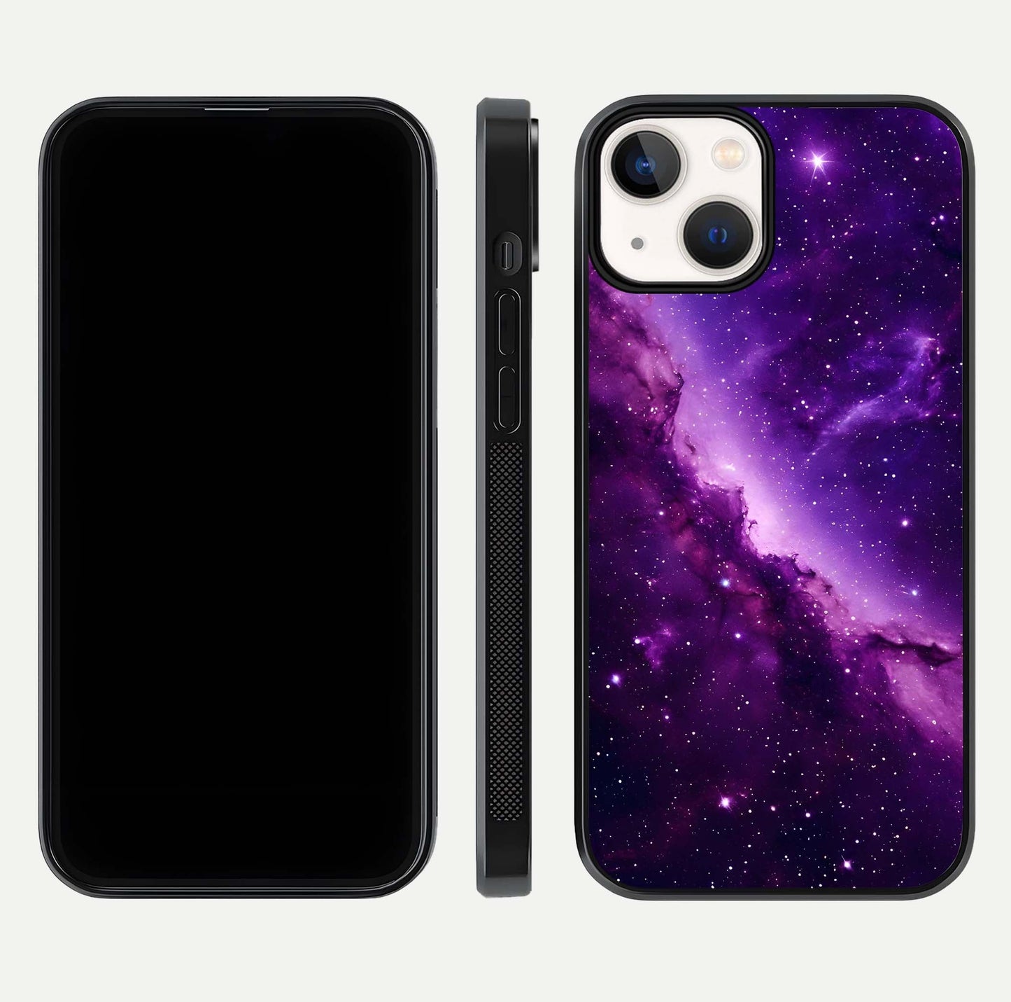 Purple Shade Sky Glass Case for iPhone 13 front & back layout showing HD tones and clean glass edges