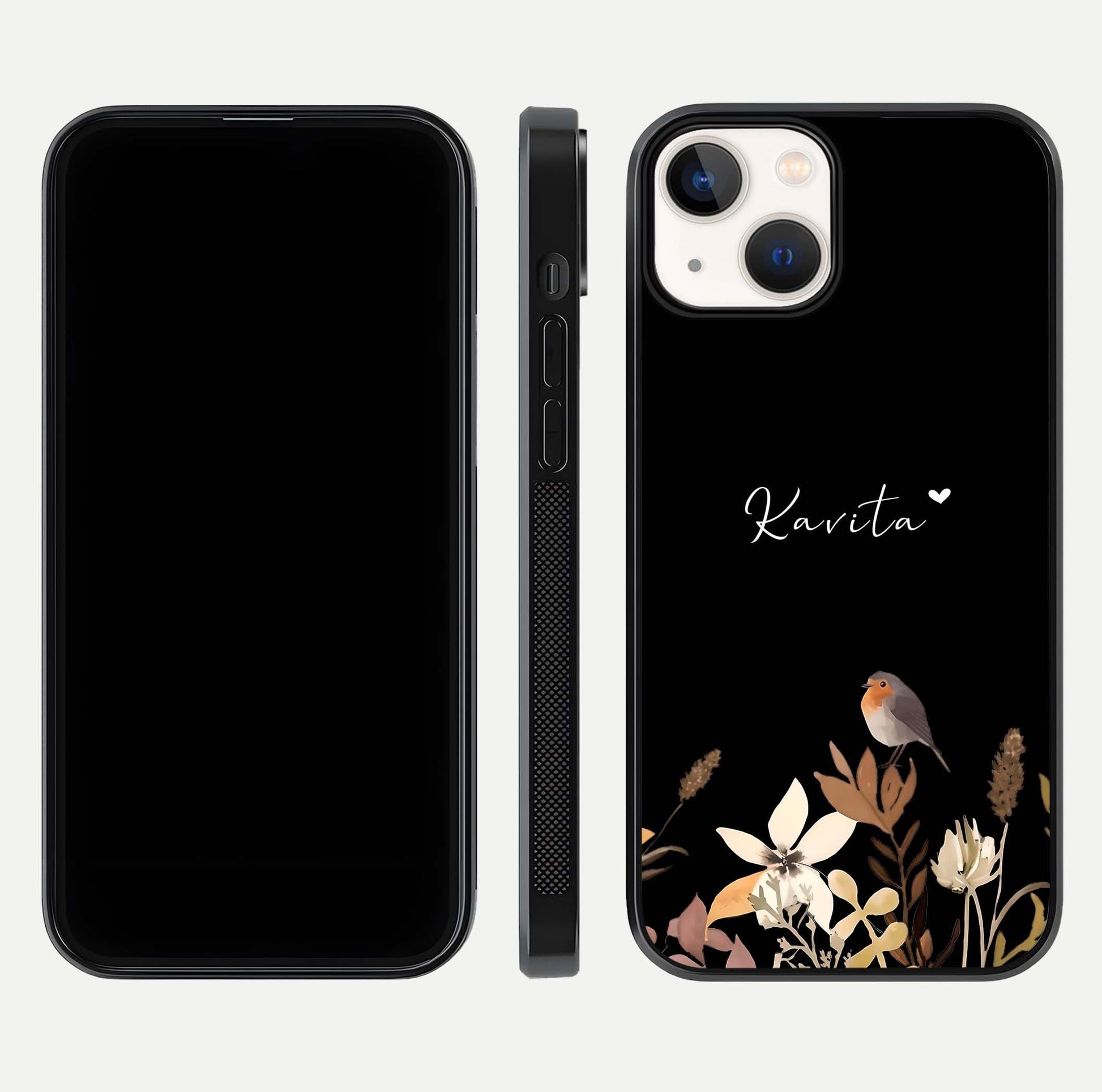 Quiet Garden Tune Custom Name Glass Case for iPhone 13 front & back layout highlighting name area and edges