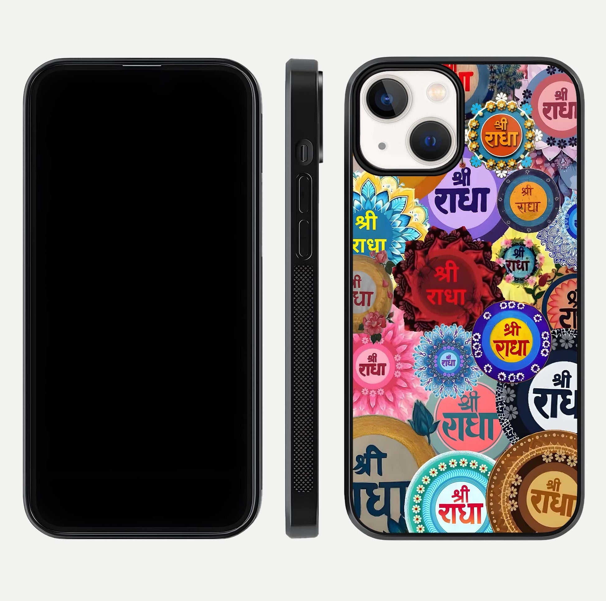 Radha Divine Bloom Glass Case for iPhone 13 front & back layout showing spiritual tones and elegant edges